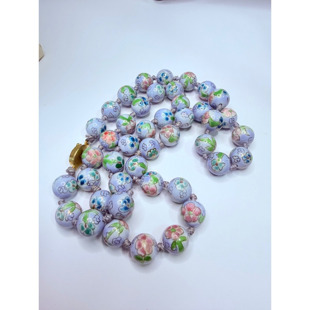 Vintage Asian Hand Painted Porcelain Floral Beaded Necklace Filigree Clasp